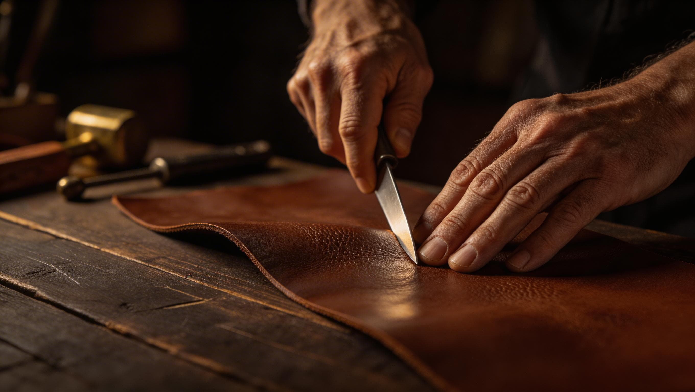Mãos cortando o couro